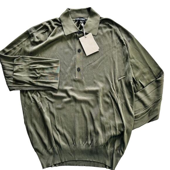 TOM FORD Men's Viscose Rayon Long Sleeve Polo Green NEW Size 50 Lightweight - Picture 2 of 8